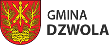 Czerwona tarcza herbu z trzema złotymi narzędziami rolniczymi i złotymi kłosami zbóż u dołu.