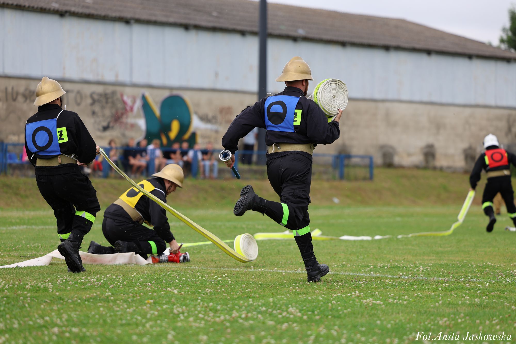 Czterech strażaków w hełmach i mundurach z kolorowymi oznaczeniami rozwija i przenosi zwinięte węże strażackie na zielonym boisku z murawą i białymi kwiatami.