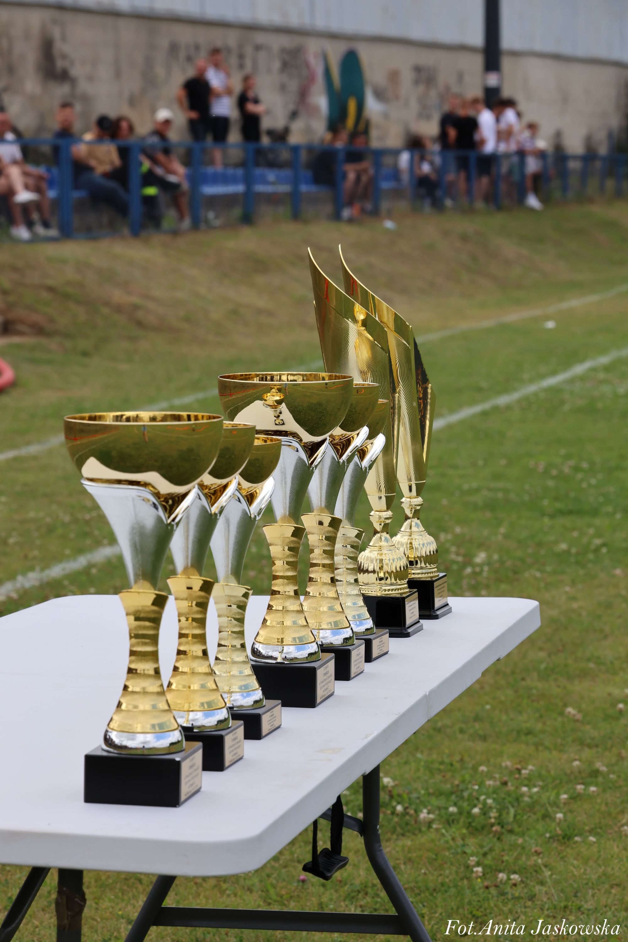 Złote i srebrne puchary ustawione w rzędzie na białym stole na tle zielonego boiska i rozmytej grupy ludzi przy niebieskiej barierce.