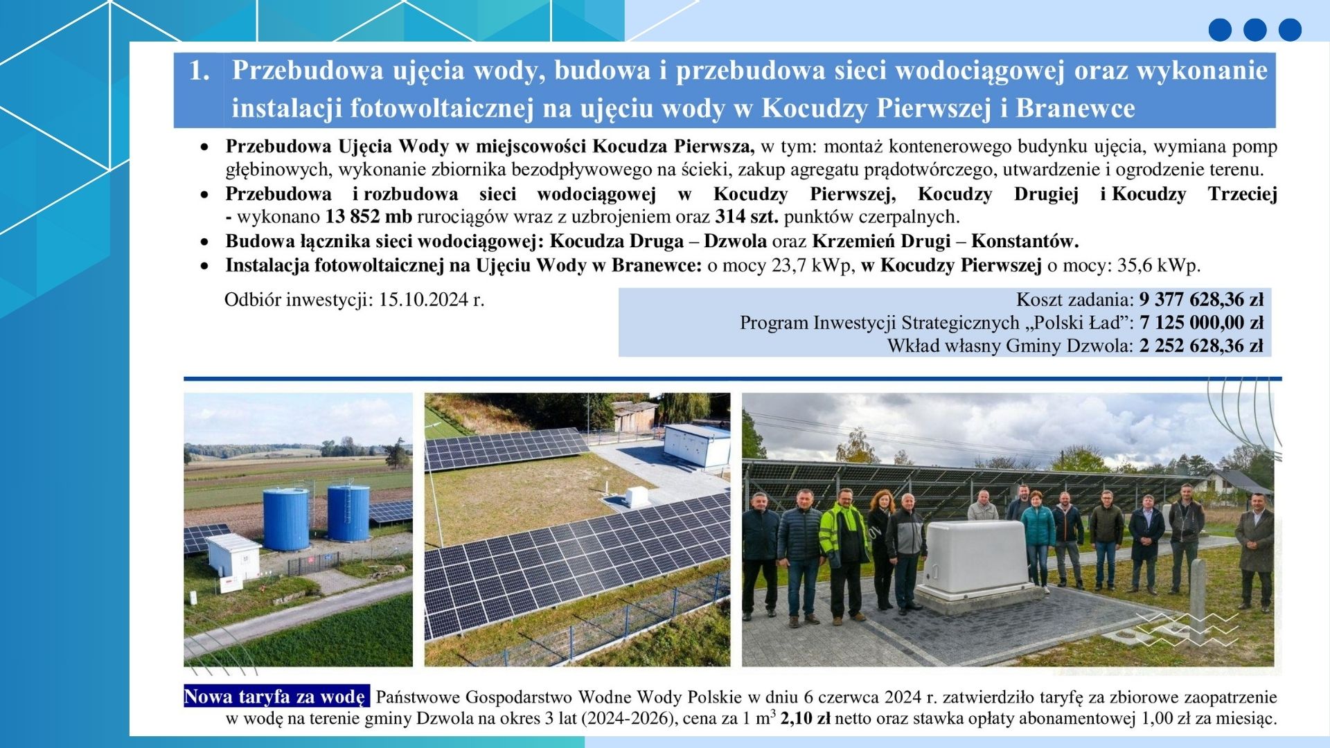 Trzy zdjęcia: dwa niebieskie zbiorniki i budynek, panele fotowoltaiczne na trawie, grupa osób stojących na placu z panelami fotowoltaicznymi w tle.