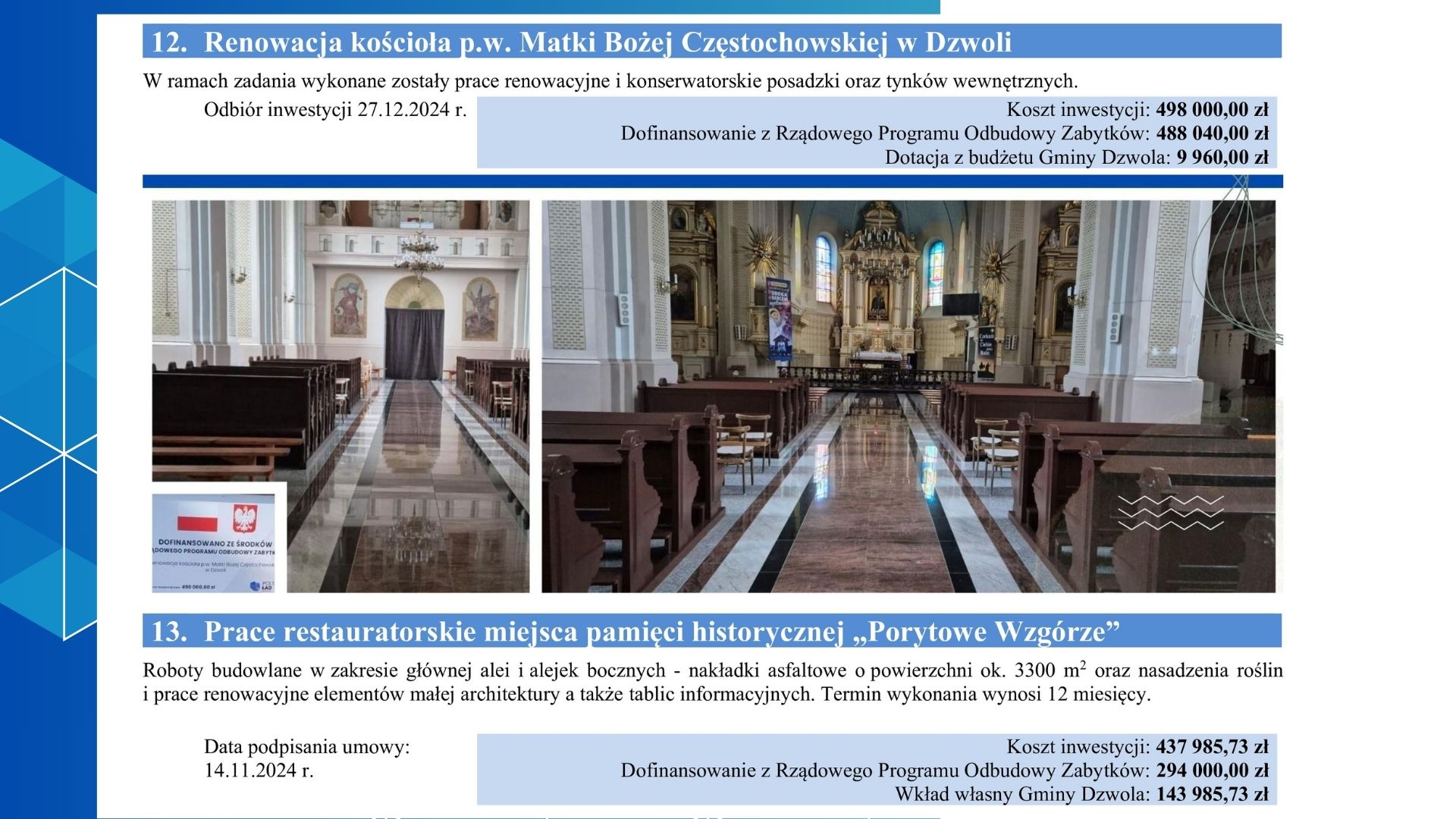 Wnętrze kościoła z ciemnymi ławkami, jasnymi ścianami, marmurową podłogą i ołtarzem na końcu nawy, dwa ujęcia z perspektywy środka nawy głównej.