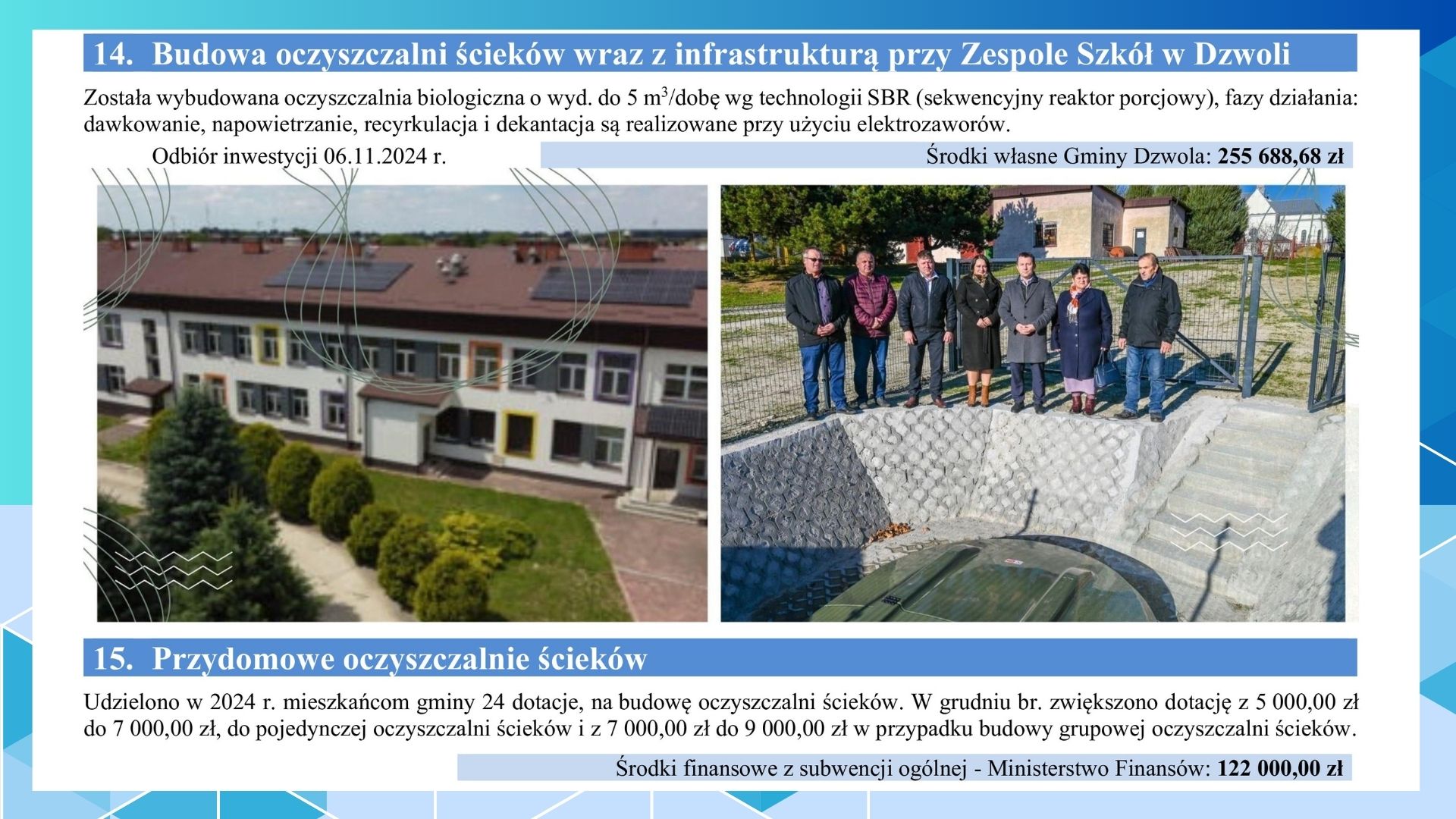 Budynek szkoły z dachem pokrytym panelami słonecznymi oraz siedem osób stojących przy ogrodzeniu nad betonową konstrukcją.