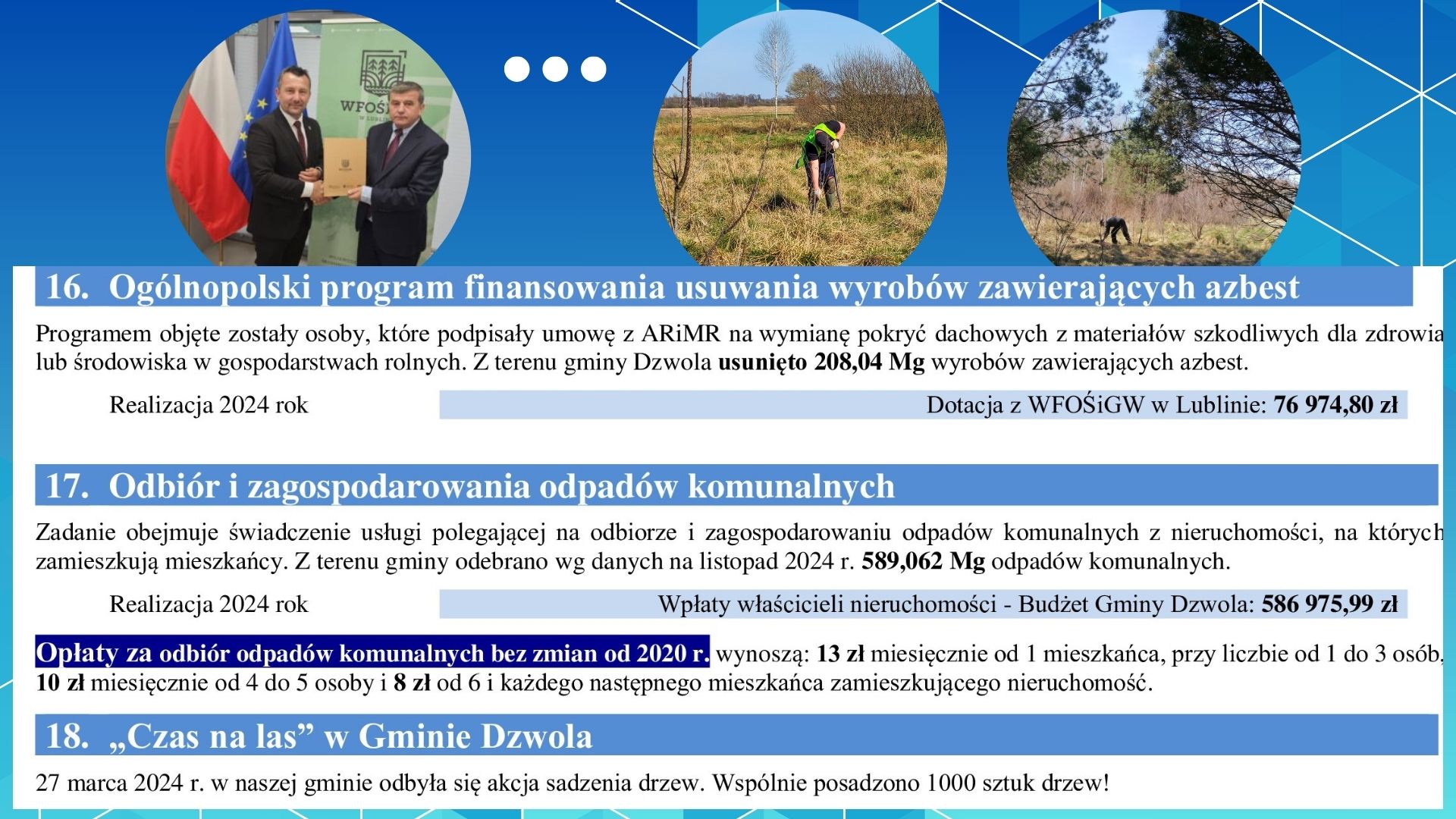 Dwóch mężczyzn w garniturach trzymających dokument, dwie osoby pracujące w polu i lesie, flagi Polski i Unii Europejskiej na niebieskim tle.