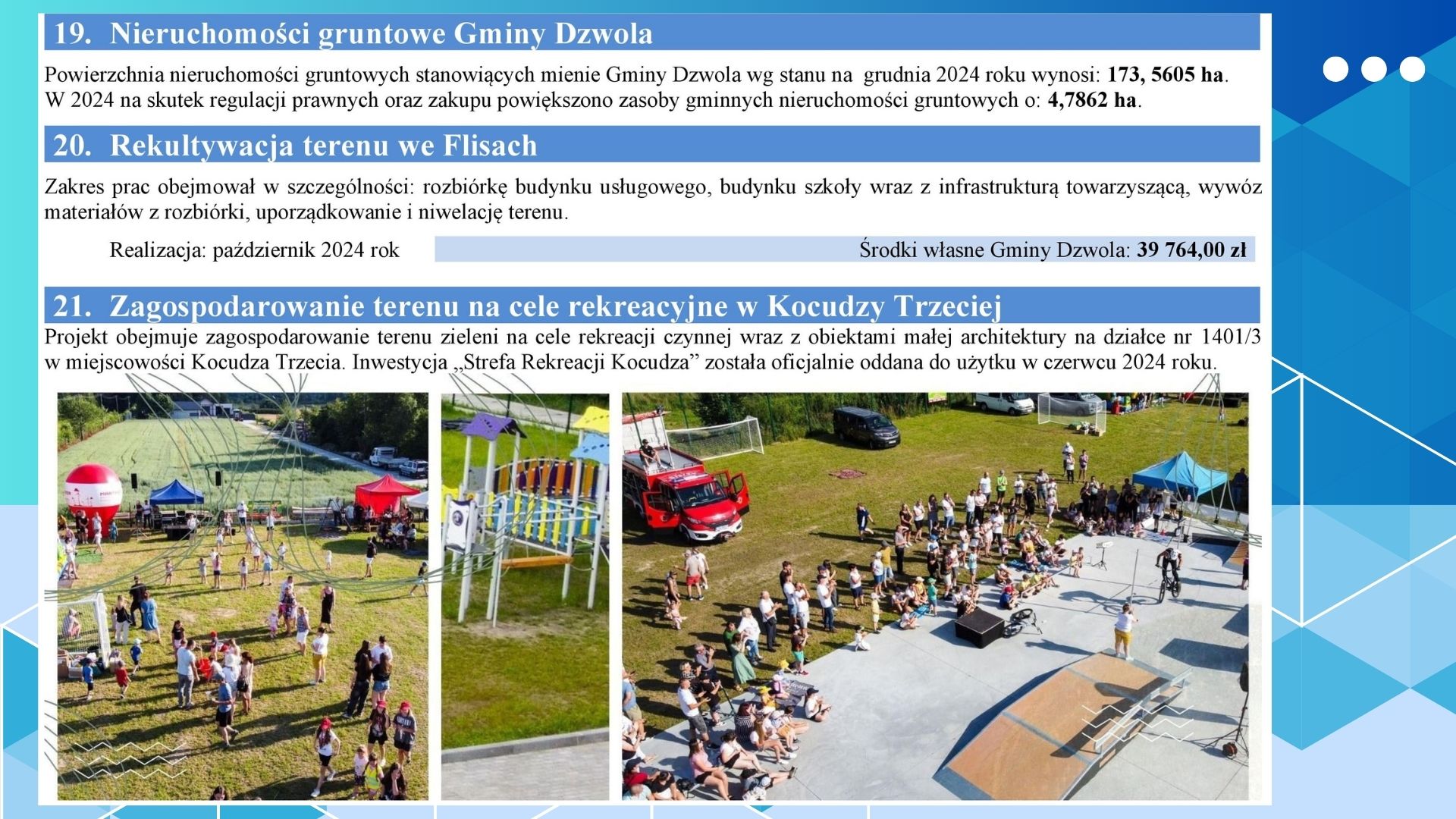 Trzy zdjęcia przedstawiające teren rekreacyjny: grupa ludzi na trawiastym boisku z namiotami i balonem reklamowym, kolorowy plac zabaw, zgromadzeni ludzie wokół skateparku na betonowej powierzchni.