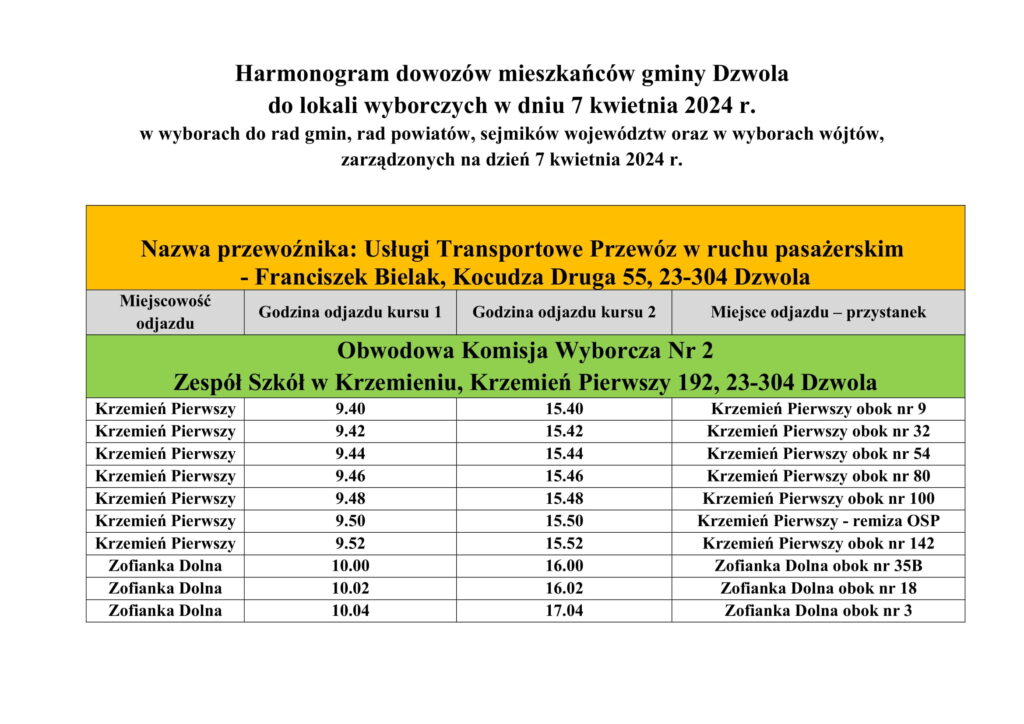 Harmonogram dowozów mieszkańców gminy Dzwola do lokali wyborczych 7 kwietnia 2024, z miejscowości Krzemień Pierwszy i Zofianka Dolna, z godzinami odjazdów i miejscami przystanków.