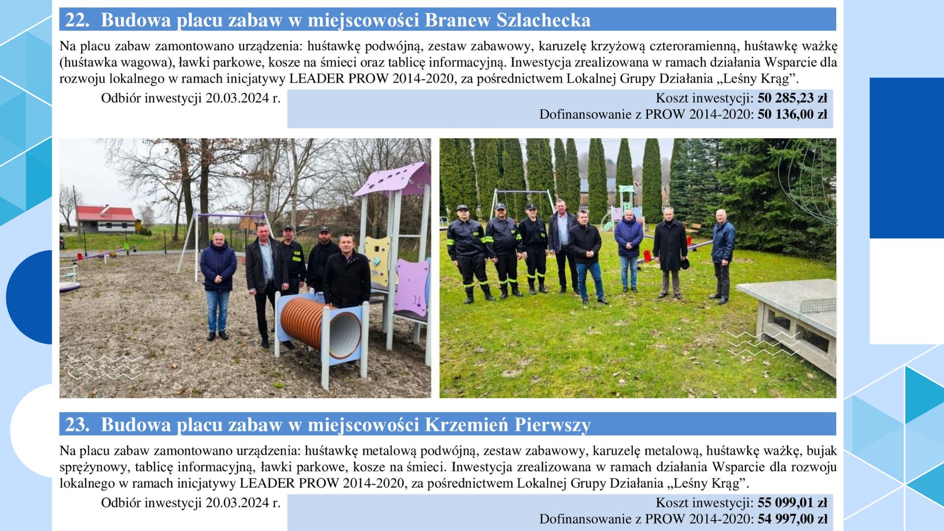 Grupa osób na tle placu zabaw z huśtawkami, karuzelą, ławkami i stołem do ping-ponga, trawnik i drzewa w tle.