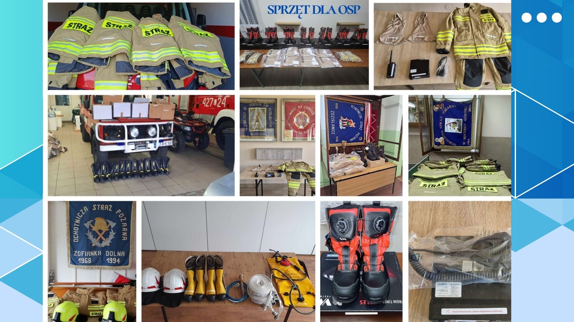 Zestaw zdjęć ze sprzętem strażackim: kurtki z napisem "STRAŻ", buty, kaski, rękawice, radiotelefony, węże pożarnicze, flagi OSP, odzież ochronna i elementy wyposażenia.
