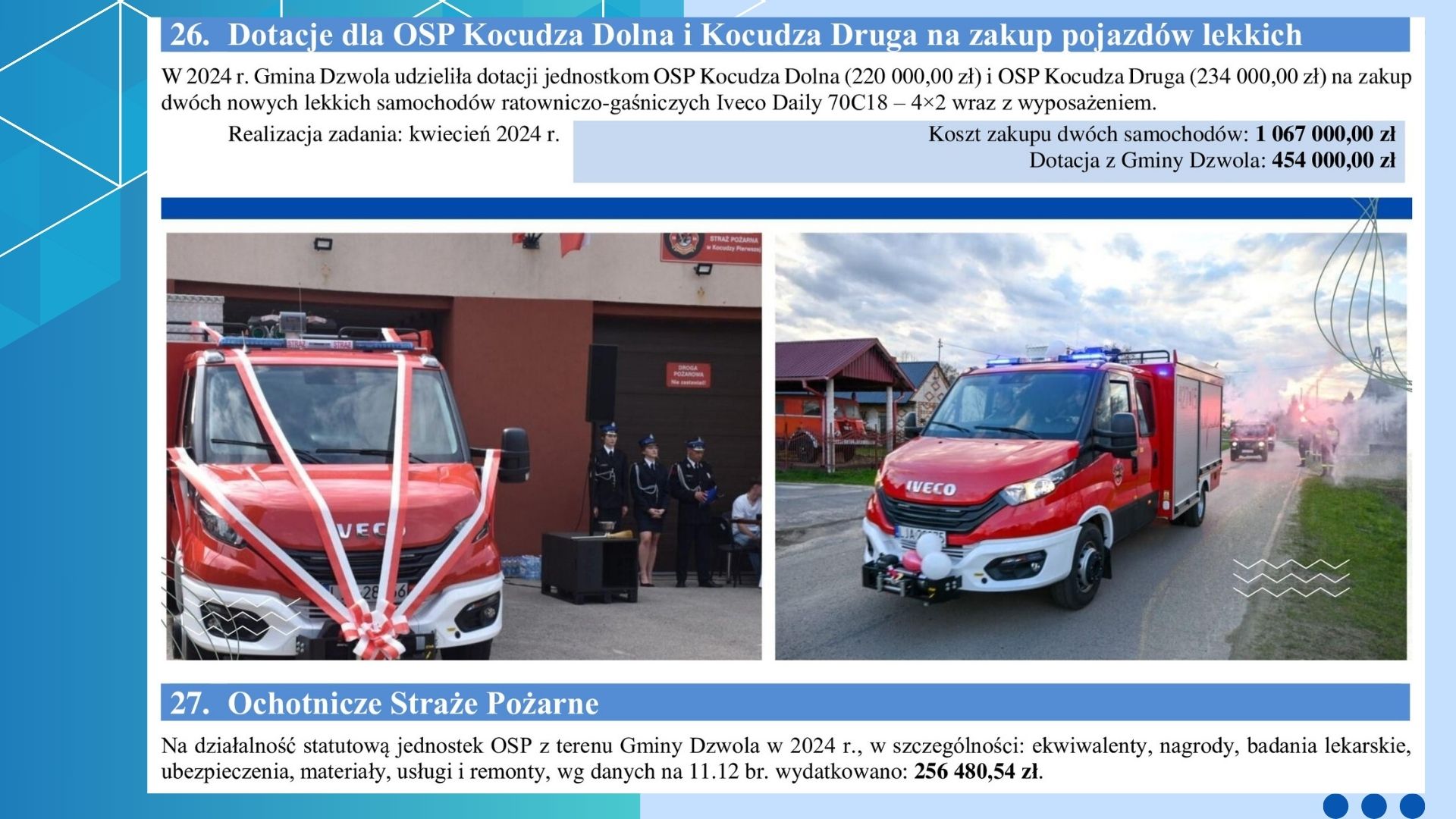 Dwa czerwone samochody ratowniczo-gaśnicze Iveco Daily z białymi dekoracjami, obok trzy osoby w mundurach strażackich, w tle budynki i dym na drodze.