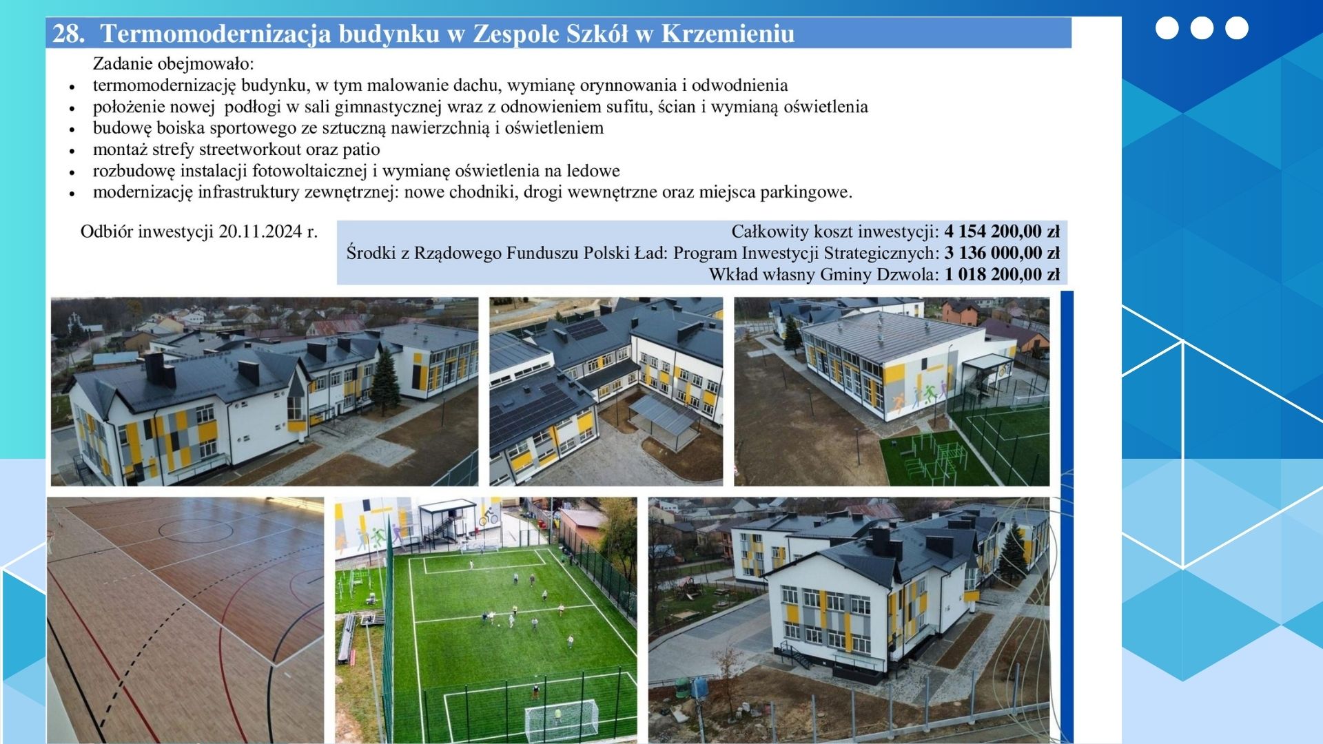 Widok budynku szkoły z białymi i żółtymi elewacjami, boisko sportowe z zieloną sztuczną nawierzchnią, hala sportowa z drewnianą podłogą, ogrodzenie i teren z chodnikami.