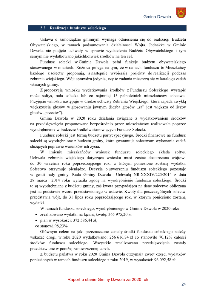 Strona dokumentu z tekstem o realizacji funduszu sołeckiego w Gminie Dzwola z nagłówkiem i herbem gminy w prawym górnym rogu, tekst czarny na białym tle.