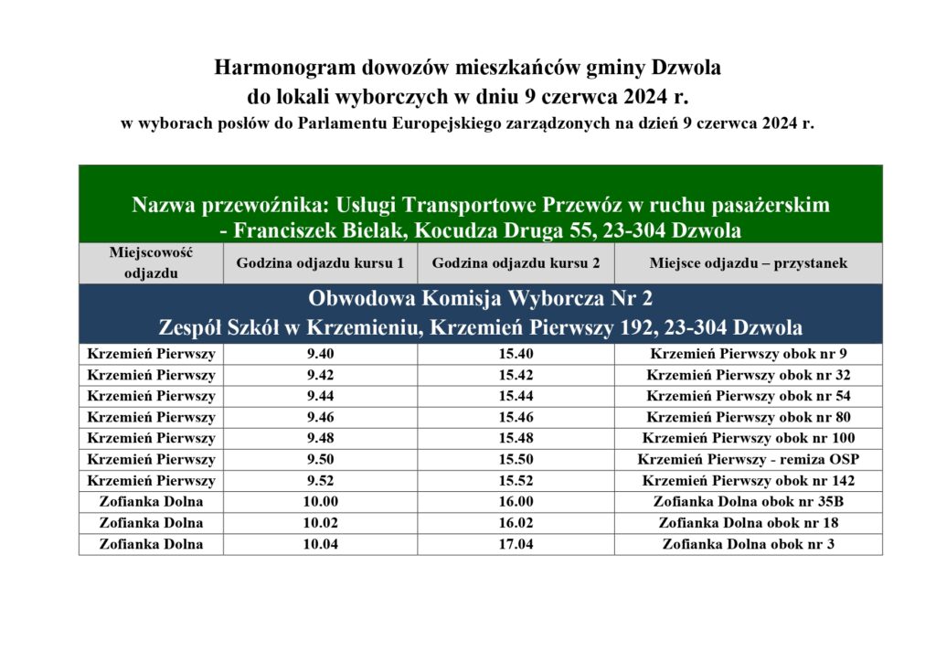Harmonogram dowozów mieszkańców gminy Dzwola do lokali wyborczych 9 czerwca 2024, z godzinami odjazdu z Krzemienia Pierwszego i Zofianki Dolnej oraz miejscami przystanków.