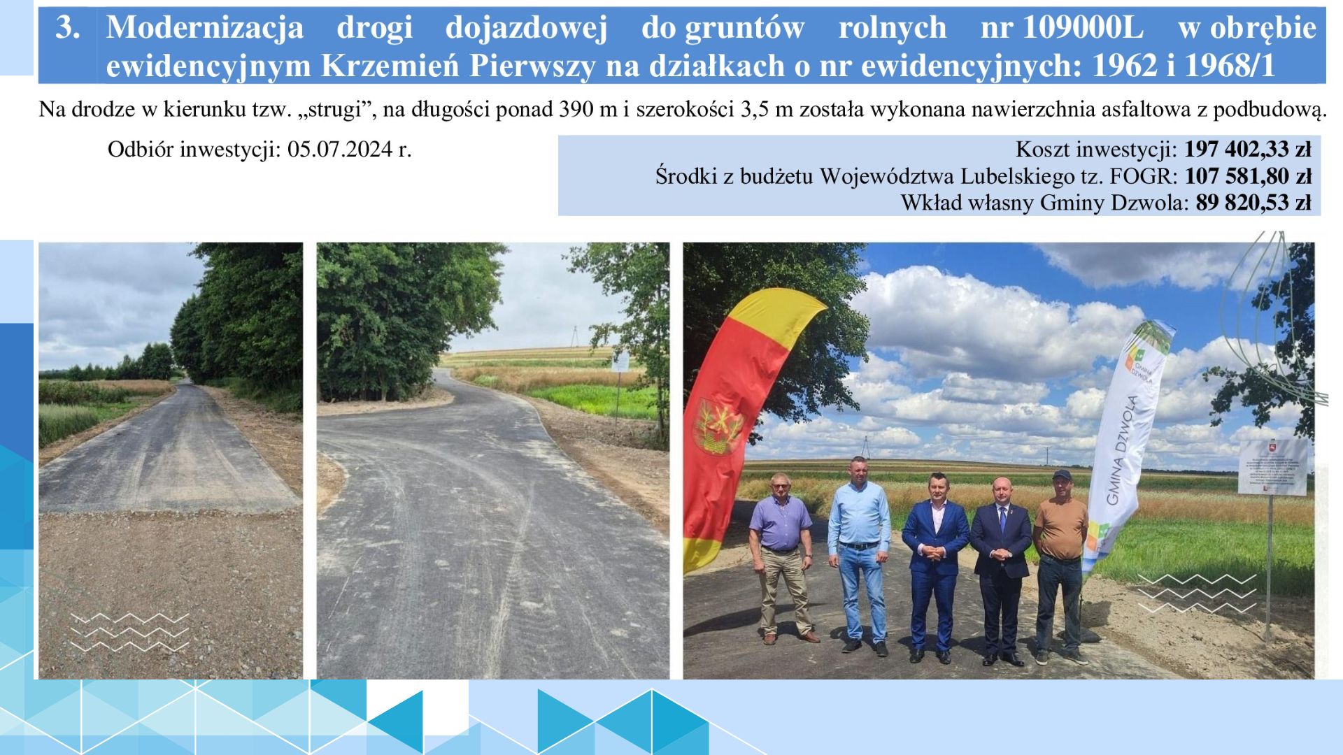 Trzy zdjęcia: asfaltowa droga dojazdowa na tle zieleni i pól, pięciu mężczyzn stoi na drodze między flagami z napisami "Gmina Dzwola" i herbem, niebieskie niebo z chmurami.