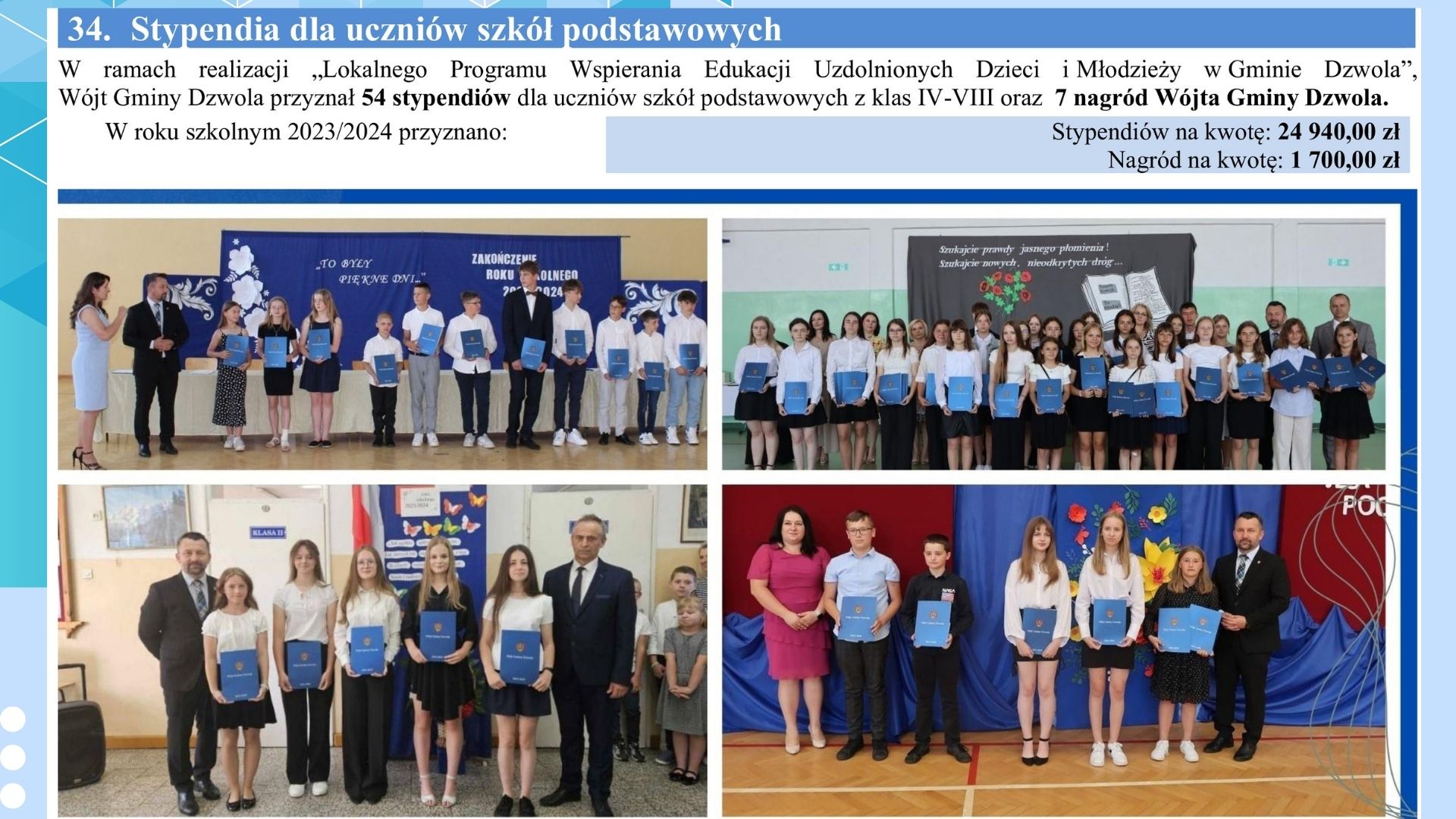 Cztery grupy uczniów i nauczycieli w salach szkolnych, uczniowie trzymają niebieskie teczki, tło z dekoracjami szkolnymi, różne stroje formalne i casualowe.