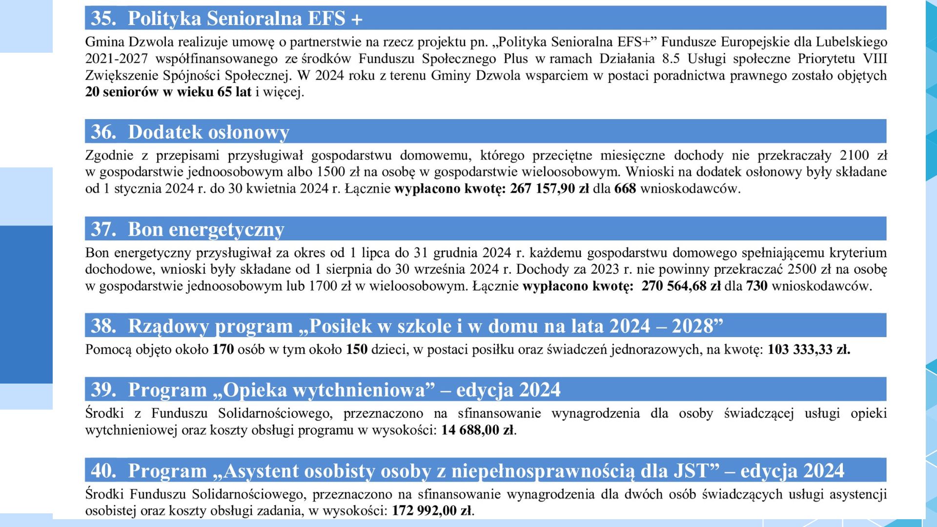 Lista programów społecznych z opisami, nagłówki na niebieskim tle, tekst czarny na białym tle, wyróżnione kwoty i liczby wytłuszczoną czcionką.