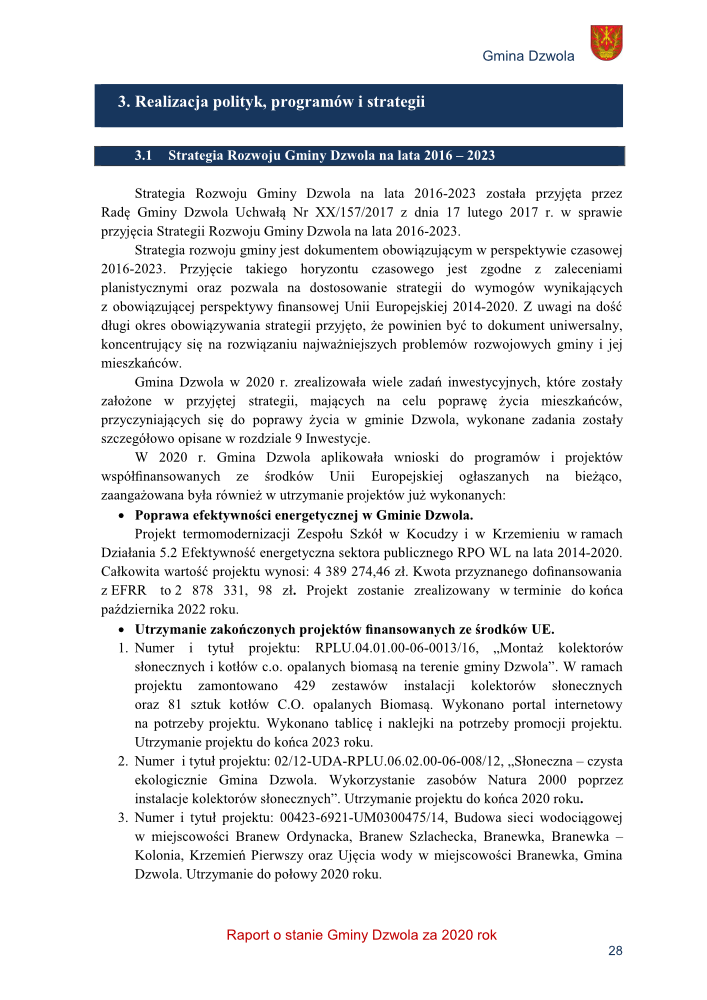 Strona dokumentu z tekstem o Strategii Rozwoju Gminy Dzwola na lata 2016-2023, zawiera nagłówki, akapity i listę punktowaną, logo Gminy Dzwola w prawym górnym rogu.