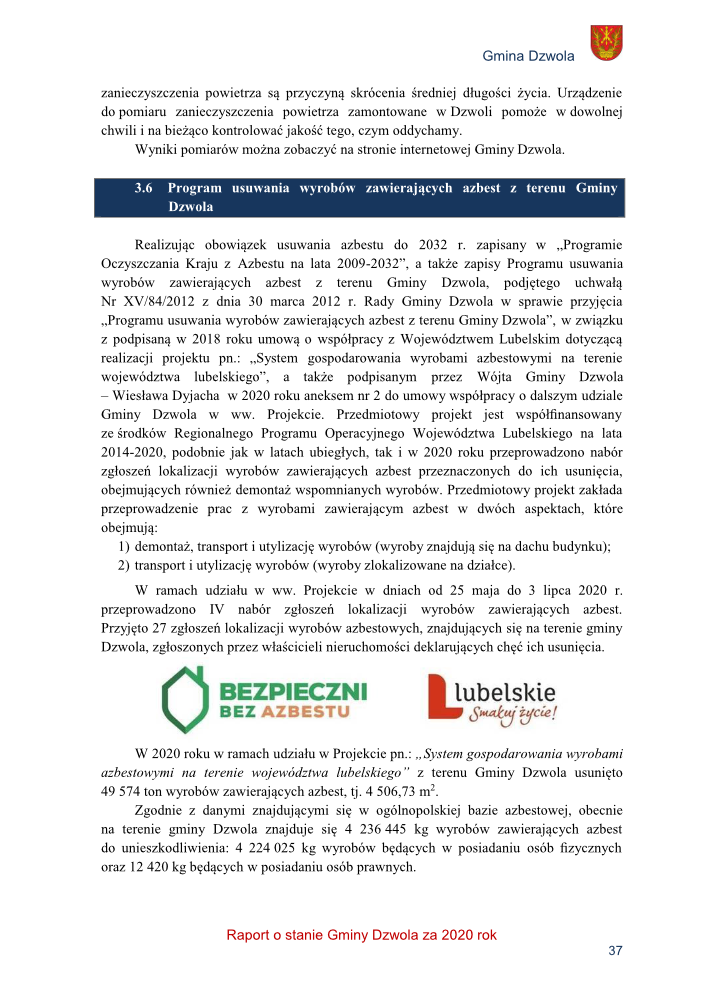 Logo "Bezpieczni bez azbestu" z zieloną tarczą i logo "Lubelskie Smakuje życie" z czerwonym napisem na białym tle.