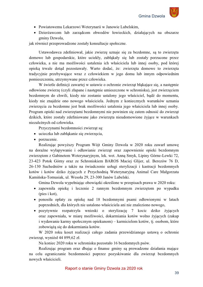 Strona tekstowa z informacjami o opiece nad zwierzętami bezdomnymi w gminie Dzwola, z nagłówkiem i herbem gminy w prawym górnym rogu.