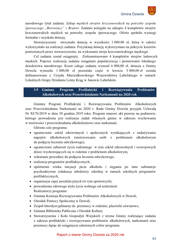 Strona dokumentu z tekstem w języku polskim, nagłówkiem Gmina Dzwola i herbem w prawym górnym rogu, zawiera opis programu profilaktyki i rozwiązywania problemów alkoholowych i narkomanii na 2020 rok.