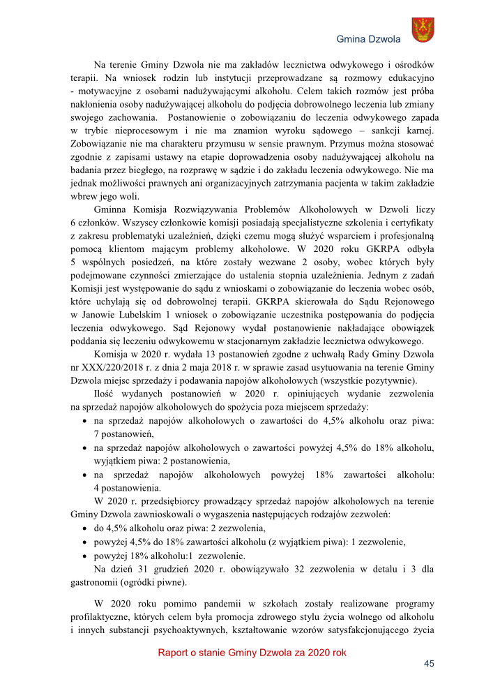 Strona dokumentu z tekstem w języku polskim, nagłówkiem "Gmina Dzwola" i herbem gminy w prawym górnym rogu, tekst w czarnej czcionce na białym tle.