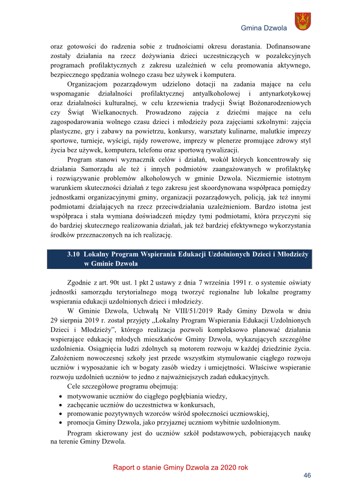 Strona dokumentu z tekstem w języku polskim, fragment raportu o stanie Gminy Dzwola za 2020 rok, zawiera nagłówek sekcji 3.10 w ciemnoniebieskiej ramce oraz czerwony napis na dole "Raport o stanie Gminy Dzwola za 2020 rok".