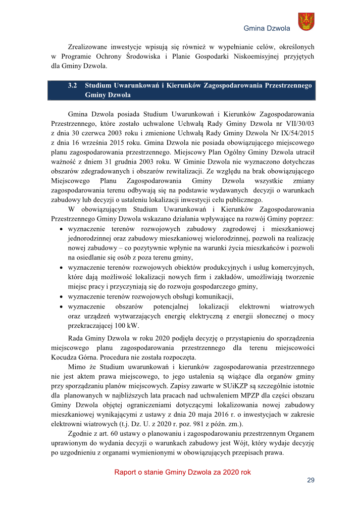 Strona dokumentu z tekstem w języku polskim, nagłówek z nazwą Gmina Dzwola i herbem, akapit opisujący Studium Uwarunkowań i Kierunków Zagospodarowania Przestrzennego Gminy Dzwola, tekst z listą punktów i stopka z napisem Raport o stanie Gminy Dzwola za 2020 rok, numer strony 29.