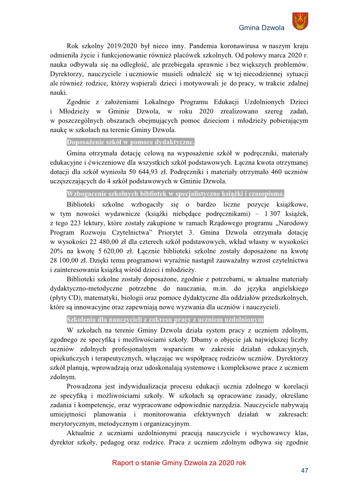Tekst na białym tle z nagłówkiem "Gmina Dzwola" i herbem w prawym górnym rogu, zawierający akapity dotyczące edukacji, z wyróżnionymi szarym tłem tytułami sekcji.