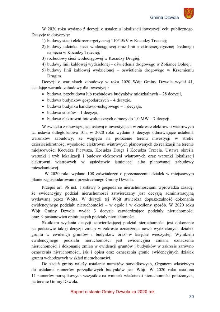 Tekst na białym tle z logo Gminy Dzwola w prawym górnym rogu, zawierający informacje o decyzjach i inwestycjach z 2020 roku, z wyróżnionym czerwonym tytułem na dole.