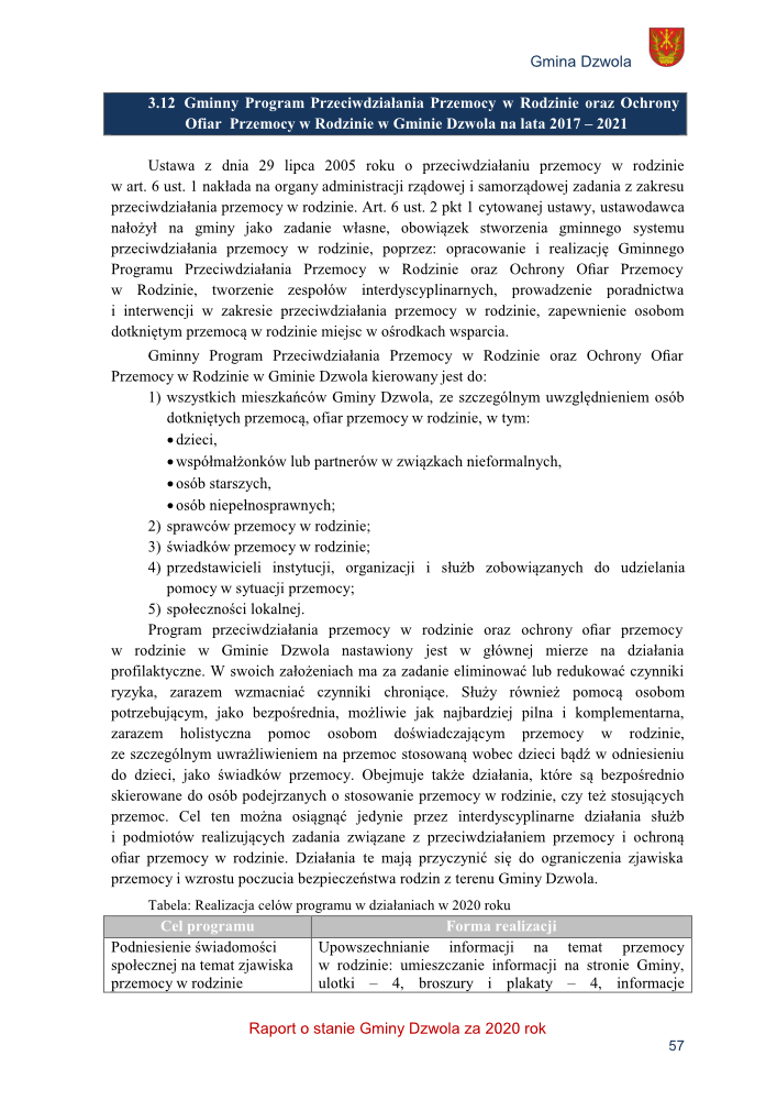 Tekst na białym tle z nagłówkiem w granatowym prostokącie i herbem Gminy Dzwola w prawym górnym rogu. Tekst zawiera paragrafy i listy punktowane oraz tabelę z danymi.