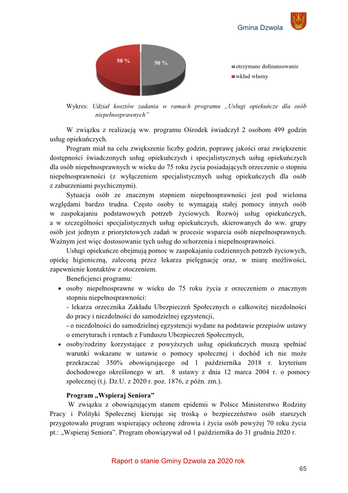 Wykres kołowy z szarym i czerwonym segmentem po 50%, legenda: otrzymane dofinansowanie i wkład własny, herb Gminy Dzwola w prawym górnym rogu.