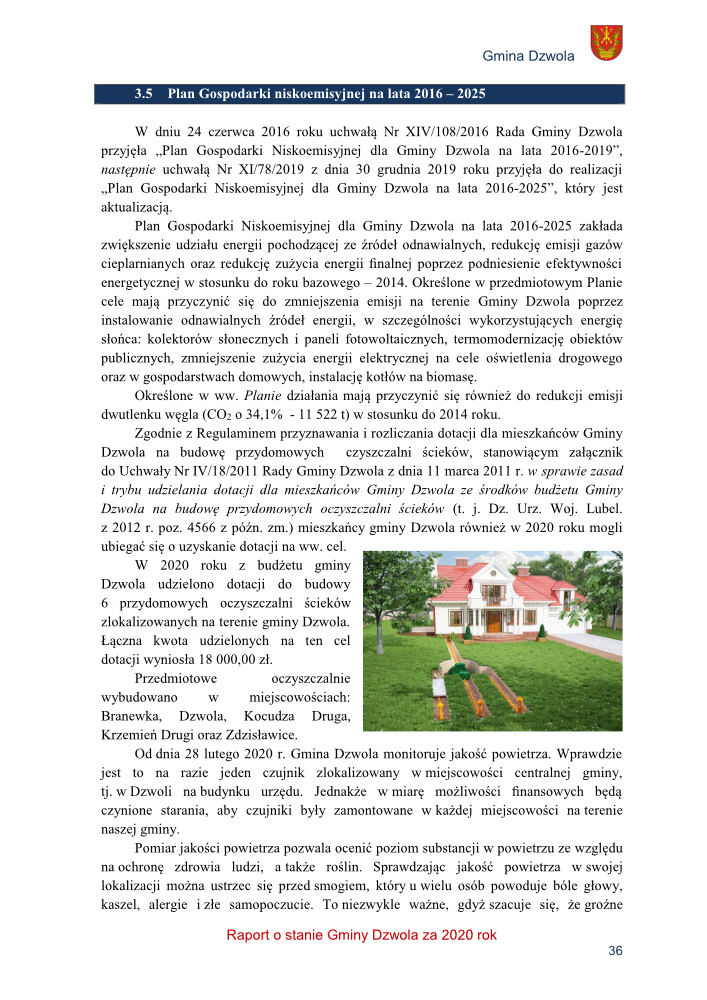 Strona dokumentu z tekstem w języku polskim, logo Gminy Dzwola oraz zdjęciem domu z ogrodem i instalacją oczyszczalni ścieków obok.