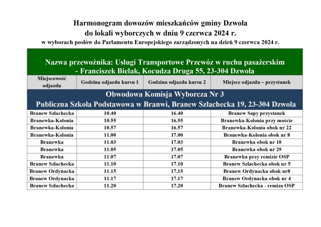 Harmonogram dowozów mieszkańców gminy Dzwola do lokali wyborczych 9 czerwca 2024, z miejscowości Branew Szlachecka, Branewka-Kolonia, Branewka, Branew Ordynacka, z godzinami odjazdów i przystankami.