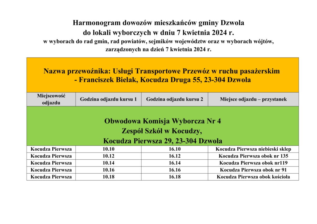 Harmonogram dowozów mieszkańców gminy Dzwola do lokali wyborczych 7 kwietnia 2024, przewoźnik Franciszek Bielak, kursy z Kocudzy Pierwszej w godzinach 10:10-10:18 i 16:10-16:18, miejsca odjazdu w Kocudzy Pierwszej.