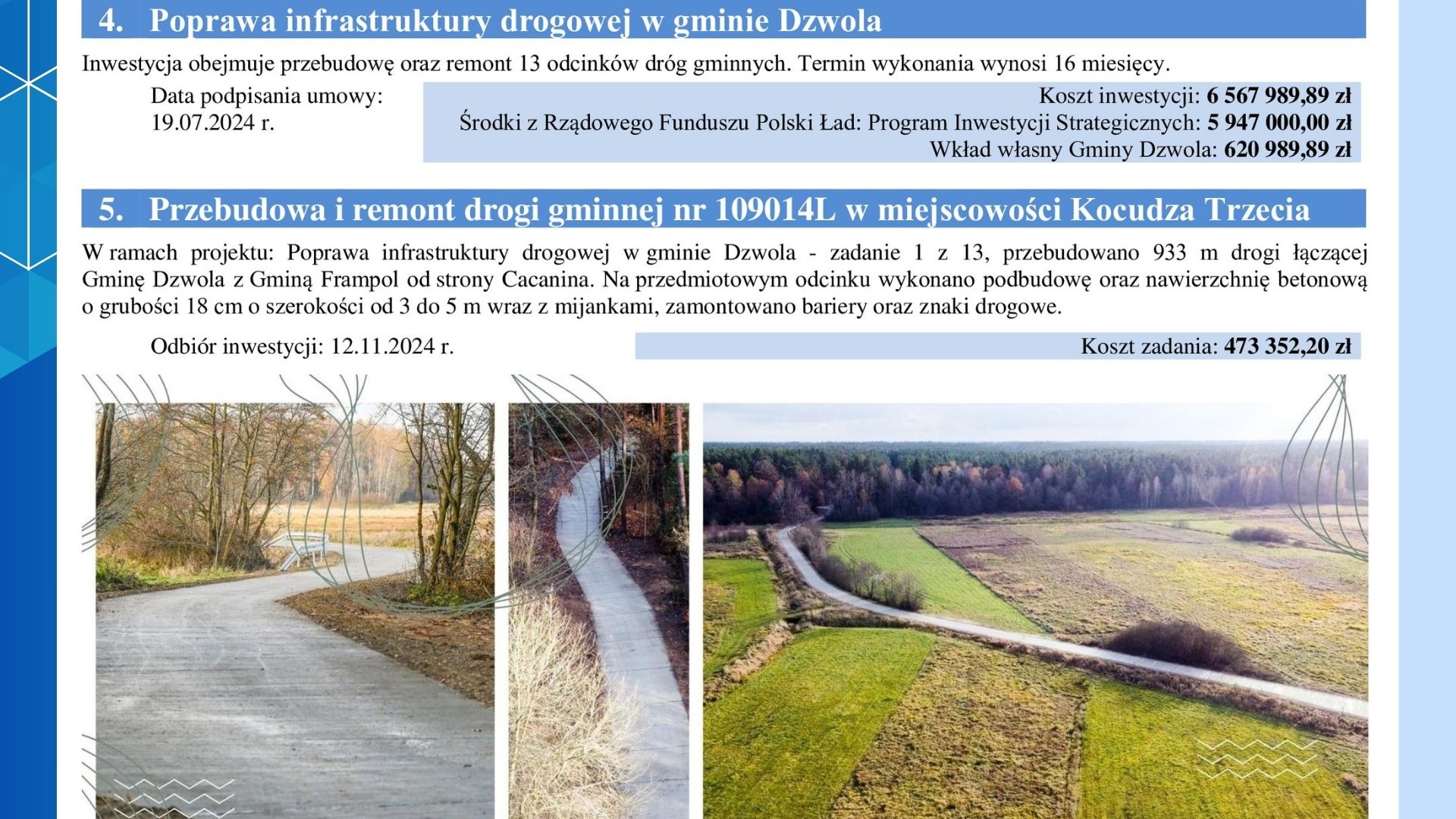 Trzy zdjęcia betonowej drogi, otoczonej jesiennymi drzewami i polami, kręta droga w lesie i widok z lotu ptaka na drogę przez łąki i las.