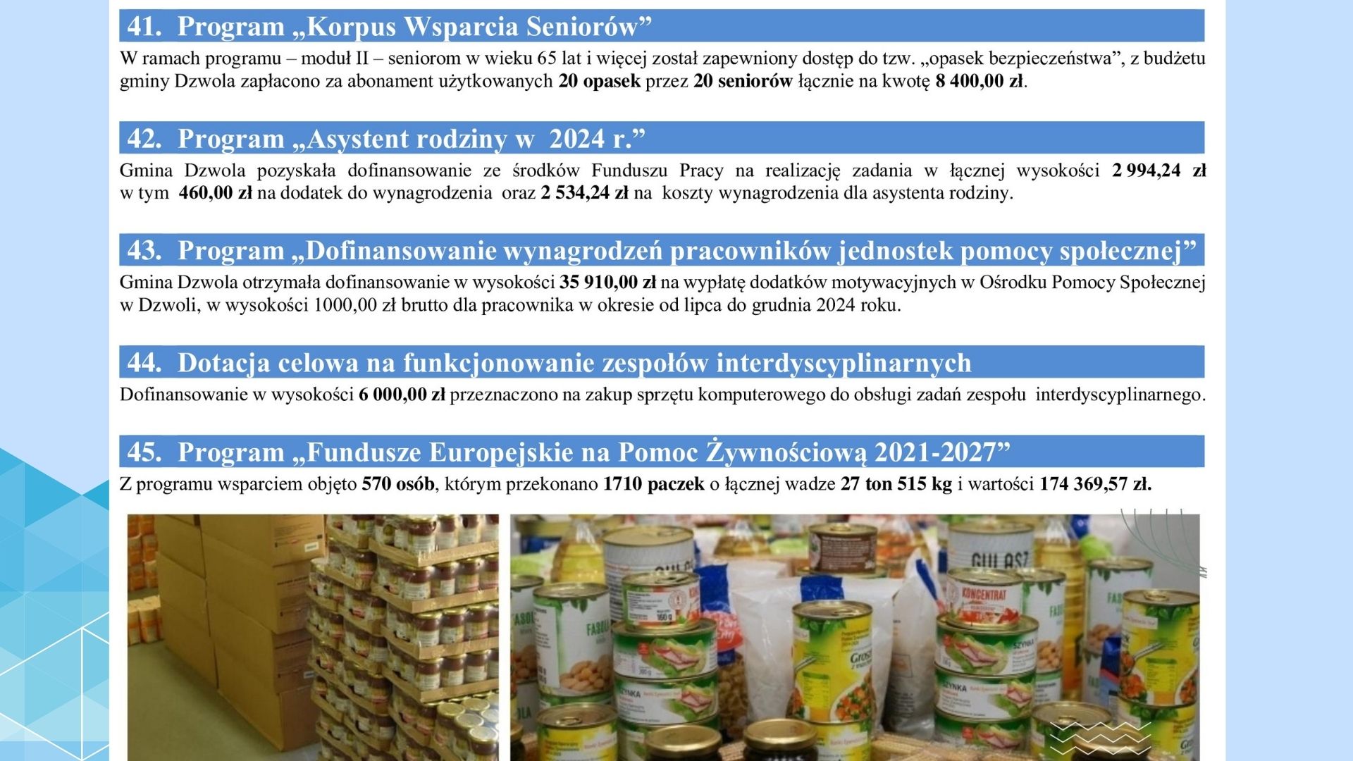 Stosy kartonów i zapakowanych puszek oraz konserw na paletach w magazynie.