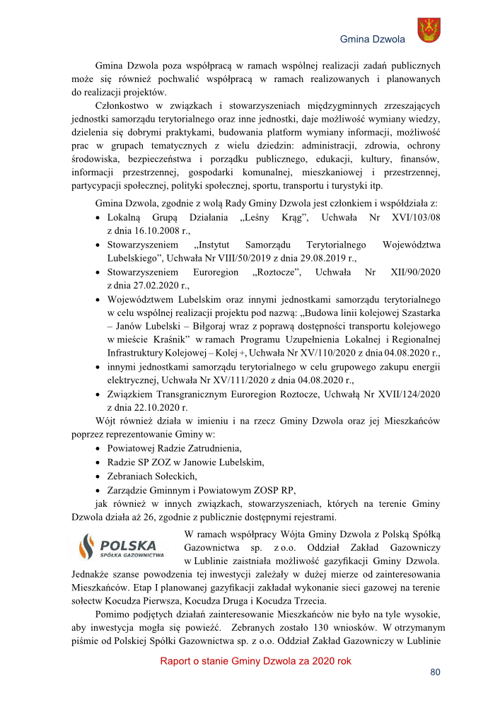 Strona dokumentu z tekstem, logo Gminy Dzwola w prawym górnym rogu i logo Polskiej Spółki Gazownictwa po lewej stronie, tekst wyróżniony na czerwono na dole.