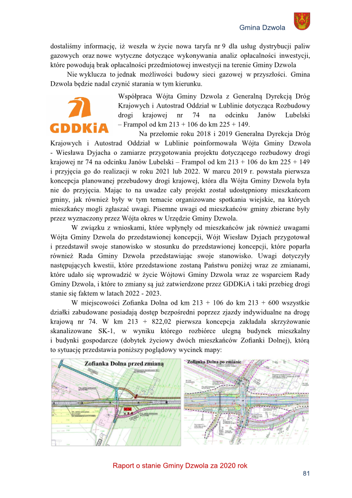Logo GDDKiA w pomarańczowym kolorze obok herbu Gminy Dzwola, dwa kolorowe szkice mapy drogowej z planowanymi zmianami przebudowy drogi krajowej.