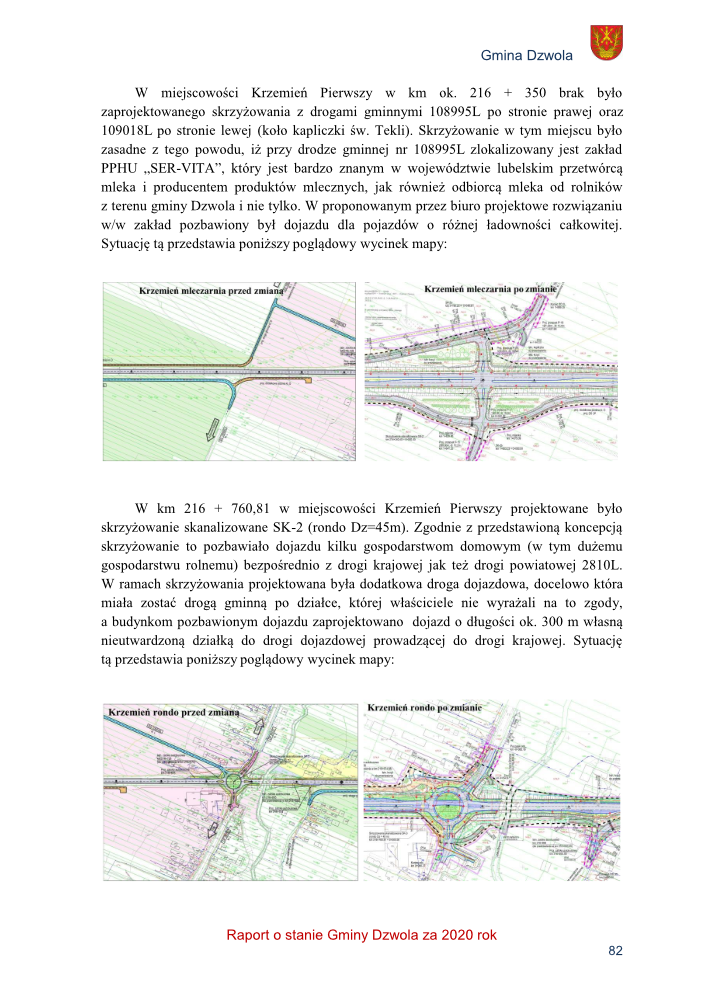 Mapa sytuacyjna z planem drogowym, zaznaczone różne kolory linii i pól, zielone i różowe obszary, schematyczne układy skrzyżowań i ronda, opisy po polsku.