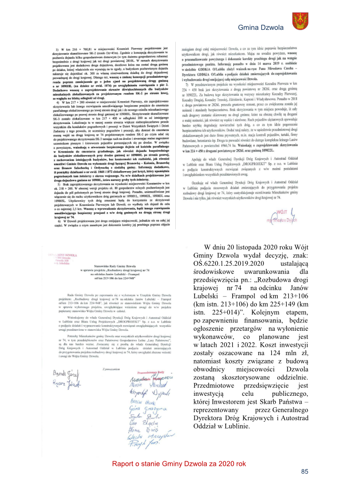 Dokument z pieczątką i podpisami oraz tekstem na temat decyzji Wójta Gminy Dzwola dotyczącej rozbudowy drogi krajowej nr 74 na odcinku Janów Lubelski – Frampol, wraz z kosztami i planem przetargów.