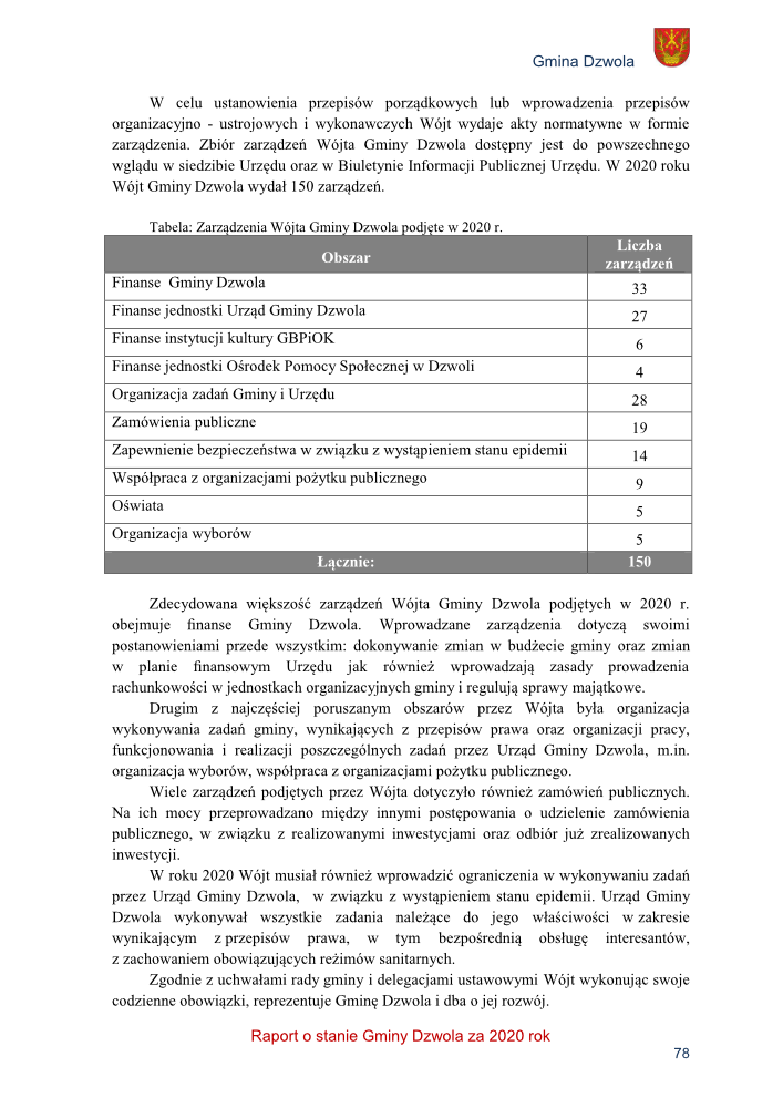 Tabela z podziałem obszarów i liczbą zarządzeń Wójta Gminy Dzwola w 2020 roku, tekst w kolorze czarnym na białym tle, logo gminy w prawym górnym rogu.