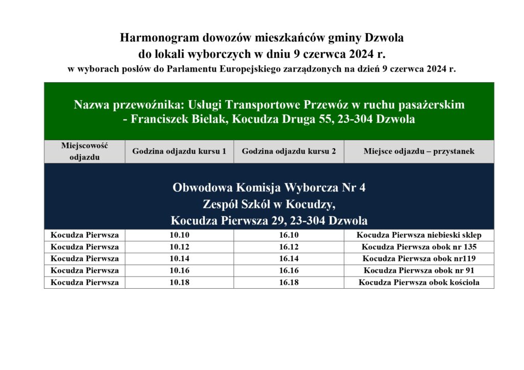Harmonogram dowozów mieszkańców gminy Dzwola do lokali wyborczych 9 czerwca 2024, tabela z godzinami odjazdów z Kocudzy Pierwszej i miejscami przystanków, zielony i granatowy nagłówek.