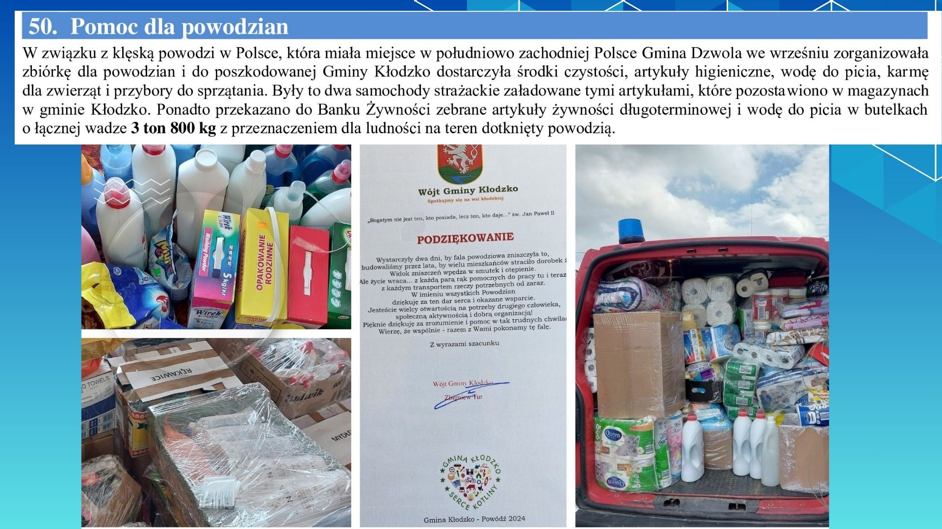Zestaw plastikowych butelek i opakowań, zapakowane kartony zabezpieczone folią, dokument z podziękowaniem, tylne drzwi pojazdu wypełnione artykułami higienicznymi i papierowymi.