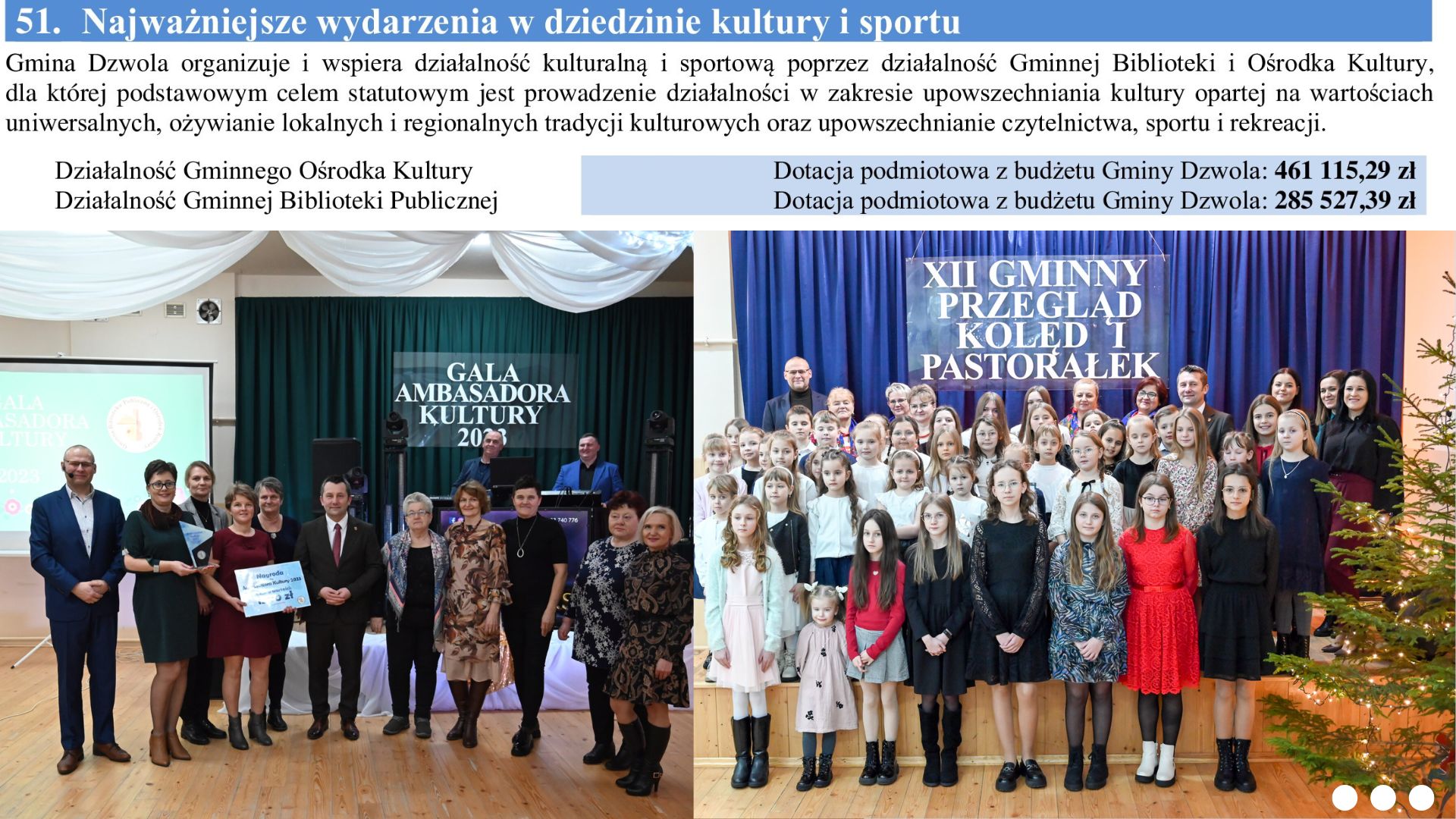 Grupa dorosłych na sali z zielonym tłem i transparentem "Gala Ambasadora Kultury 2023" oraz duża grupa dzieci i dorosłych na tle niebieskich zasłon i transparentu "XII Gminny Przegląd Kolęd i Pastorałek".