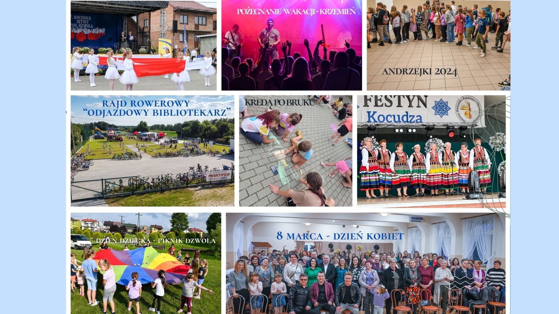 Dzieci trzymające biało-czerwoną flagę, koncert z kolorowym oświetleniem i publicznością, grupa dzieci w kolejce, rowery na placu, dzieci rysujące kredą na chodniku, kobiety w tradycyjnych strojach na scenie, dzieci bawiące się kolorową chustą na trawie, duża grupa ludzi na spotkaniu w sali.