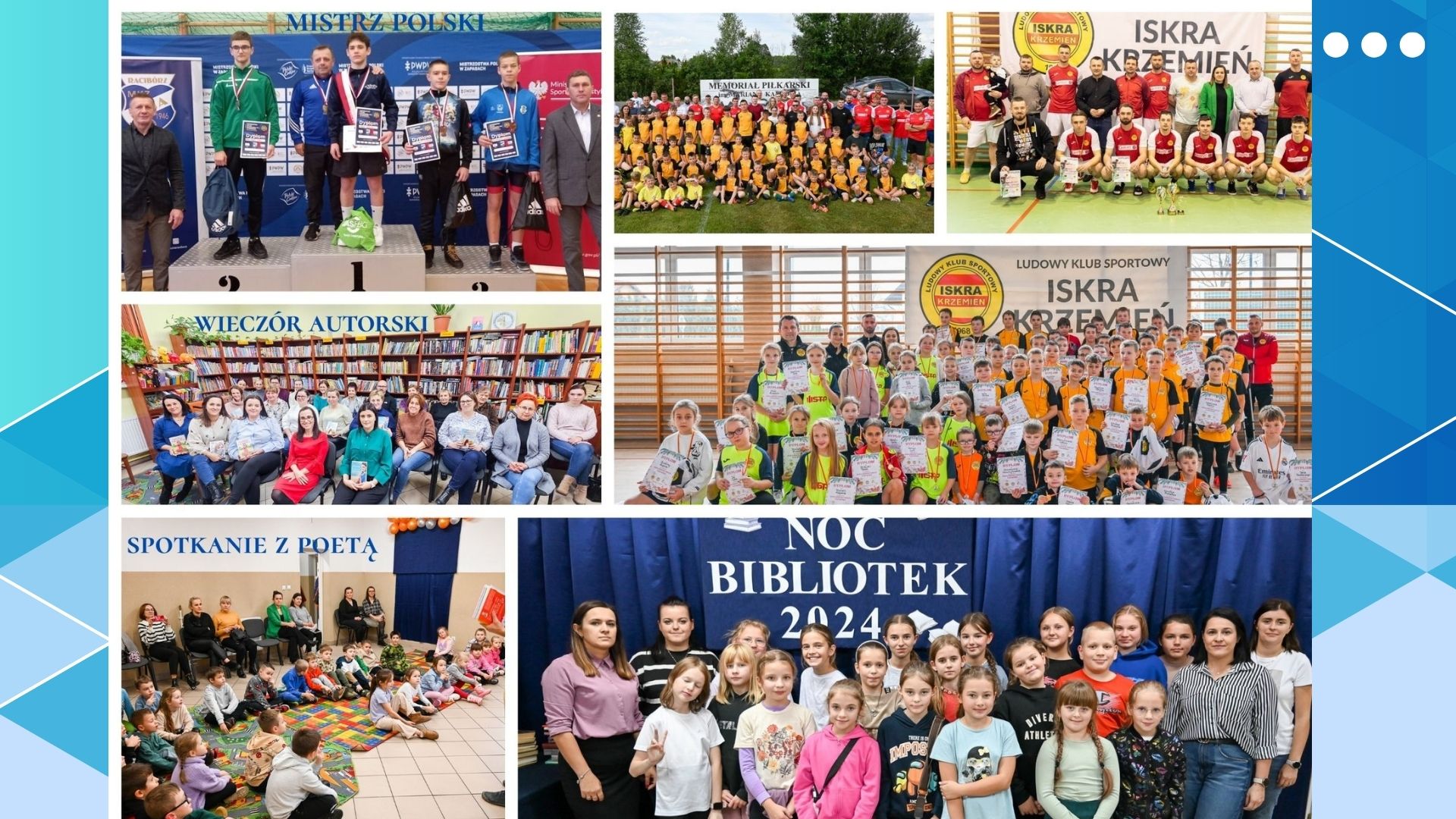 Grupa dzieci i dorosłych na tle banerów i w różnych wnętrzach, w tym biblioteki, sali gimnastycznej i na zewnątrz, w różnych układach grupowych, większość osób trzyma dyplomy lub medale.