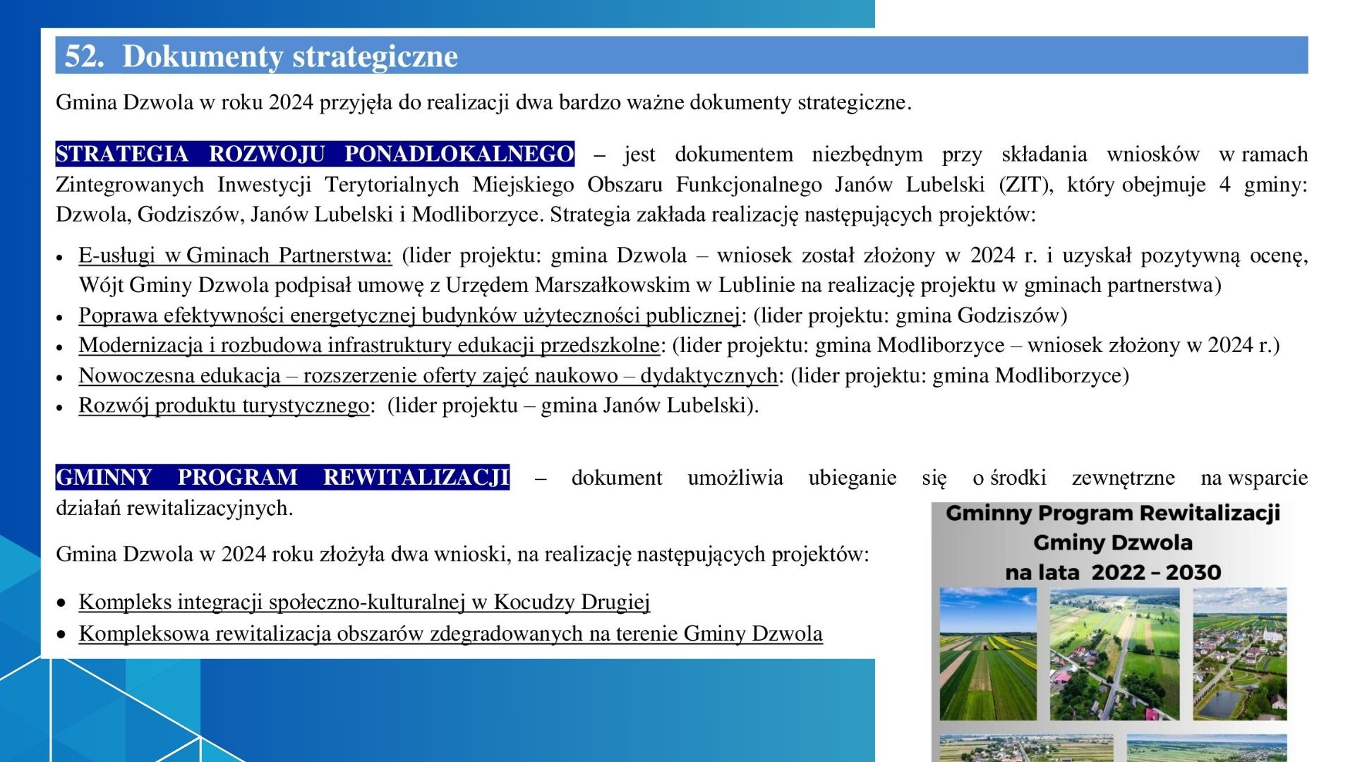 Tekst na białym tle z nagłówkiem "52. Dokumenty strategiczne" oraz fragmentami tekstu podkreślonymi na niebiesko, obok miniatura ulotki z widokami terenów wiejskich i napisem "Gminny Program Rewitalizacji Gminy Dzwola na lata 2022-2030".