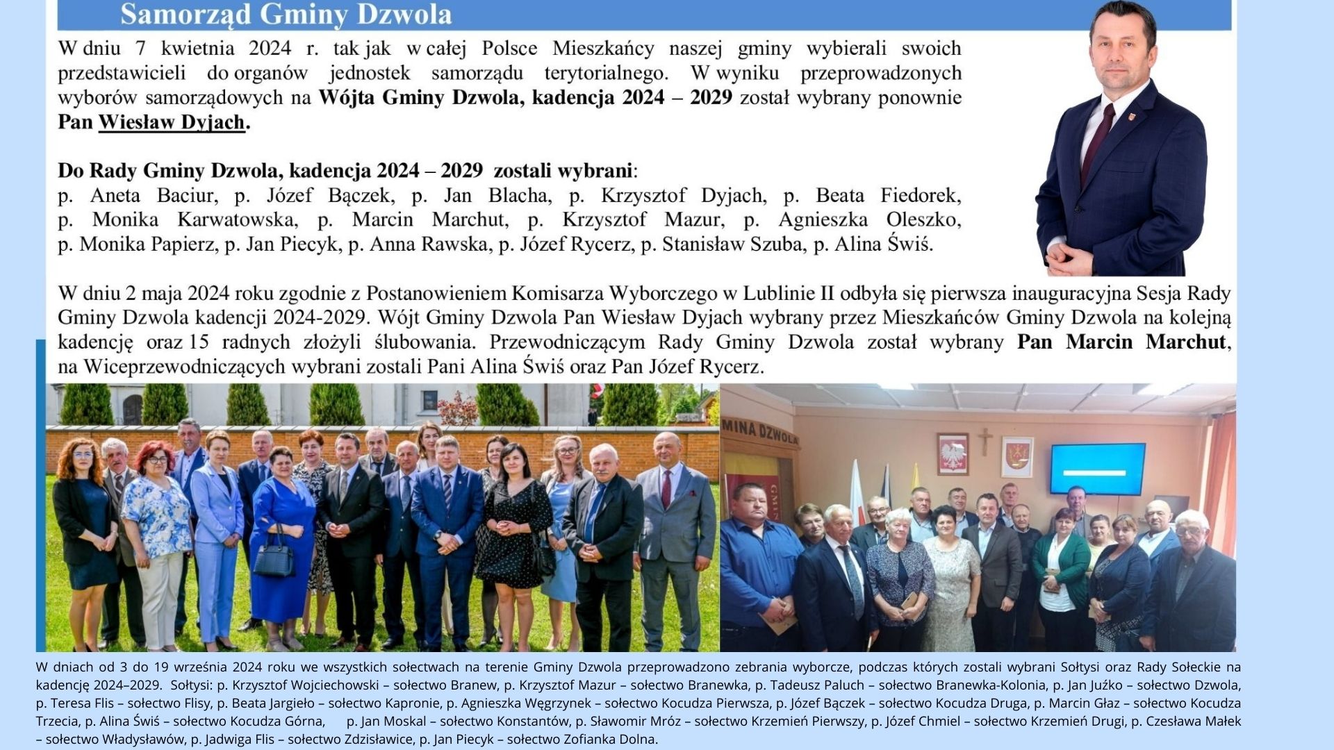 Mężczyzna w granatowej marynarce i bordowym krawacie na jasnym tle, dwie grupy osób pozujących na zewnątrz i w sali, ubrani formalnie i półformalnie.