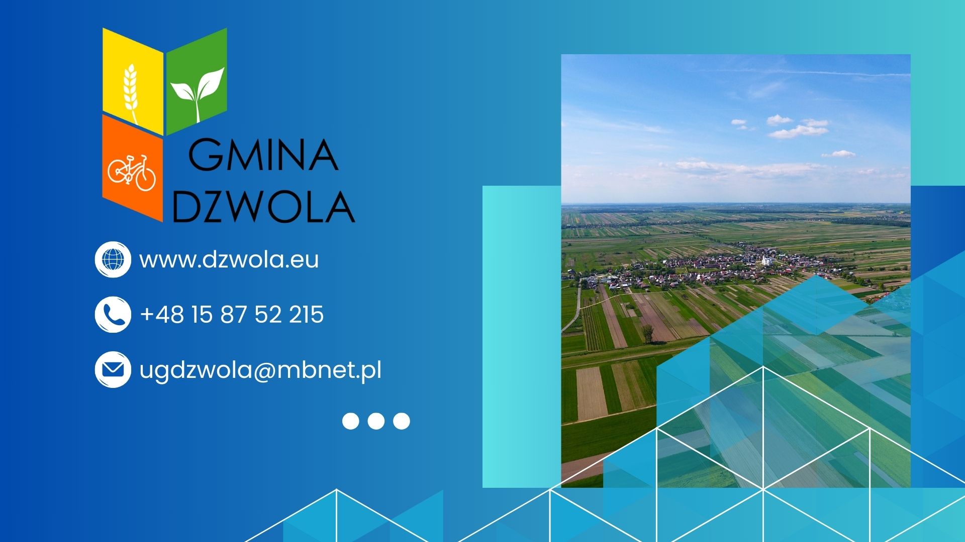 Logo Gmina Dzwola z ikonami zboża, liścia i roweru na niebieskim tle, obok zdjęcie pola uprawnego z małą wioską pod błękitnym niebem.