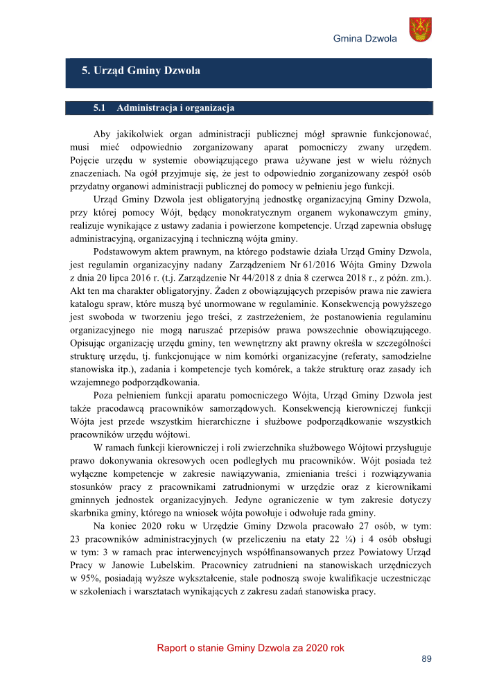 Strona dokumentu z tekstem o organizacji i administracji Urzędu Gminy Dzwola, nagłówki na granatowym tle, herb gminy w prawym górnym rogu.