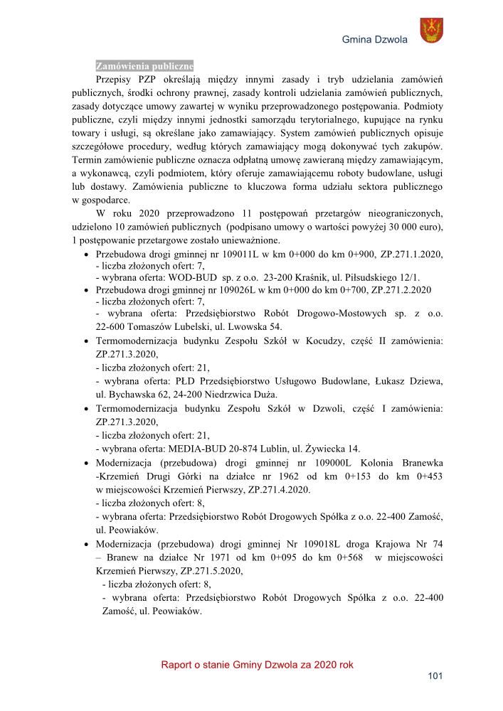 Tekst dokumentu z nagłówkiem "Zamówienia publiczne", zawiera opis zasad i szczegółów dotyczących przetargów i zamówień publicznych w Gminie Dzwola, wraz z listą konkretnych realizacji inwestycji drogowych i termomodernizacji. Na górze po prawej stronie herb gminy.