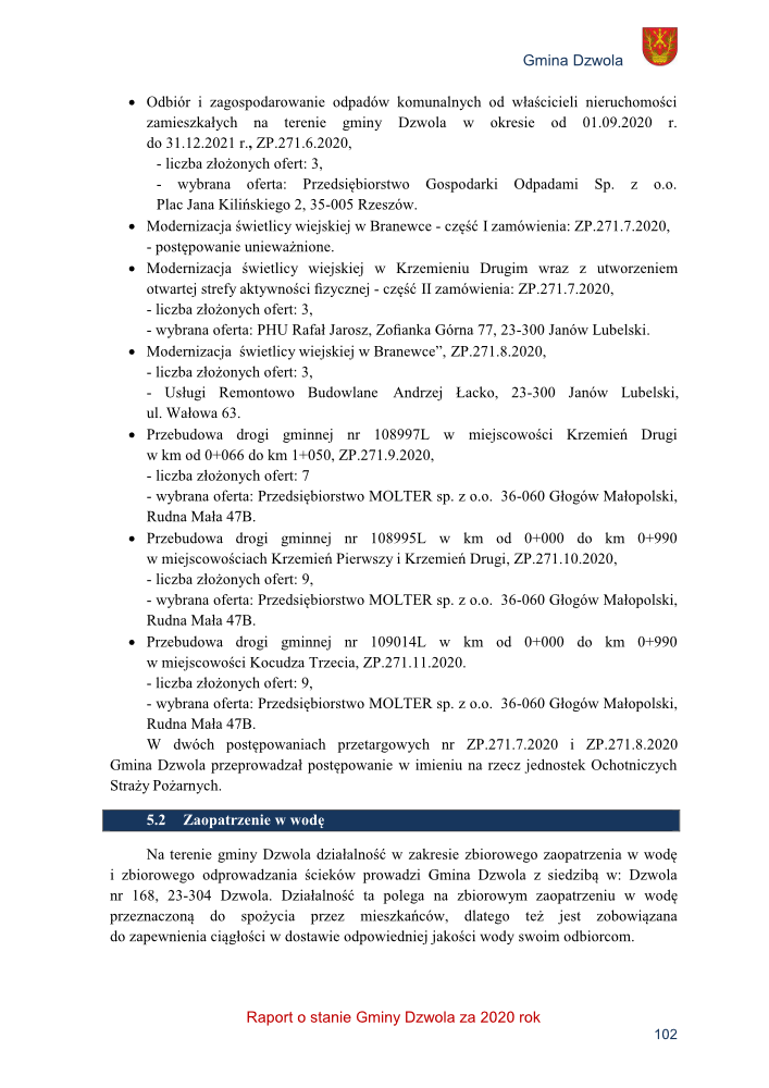 Strona dokumentu z listą zadań inwestycyjnych i modernizacyjnych w gminie Dzwola, z nagłówkiem „5.2 Zaopatrzenie w wodę” i stopką „Raport o stanie Gminy Dzwola za 2020 rok”, tekst czarny na białym tle.